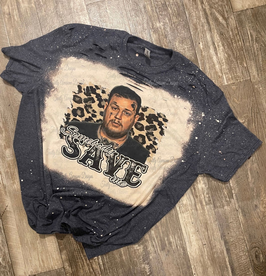 Distressed Somebody Save Me leopard print tee
